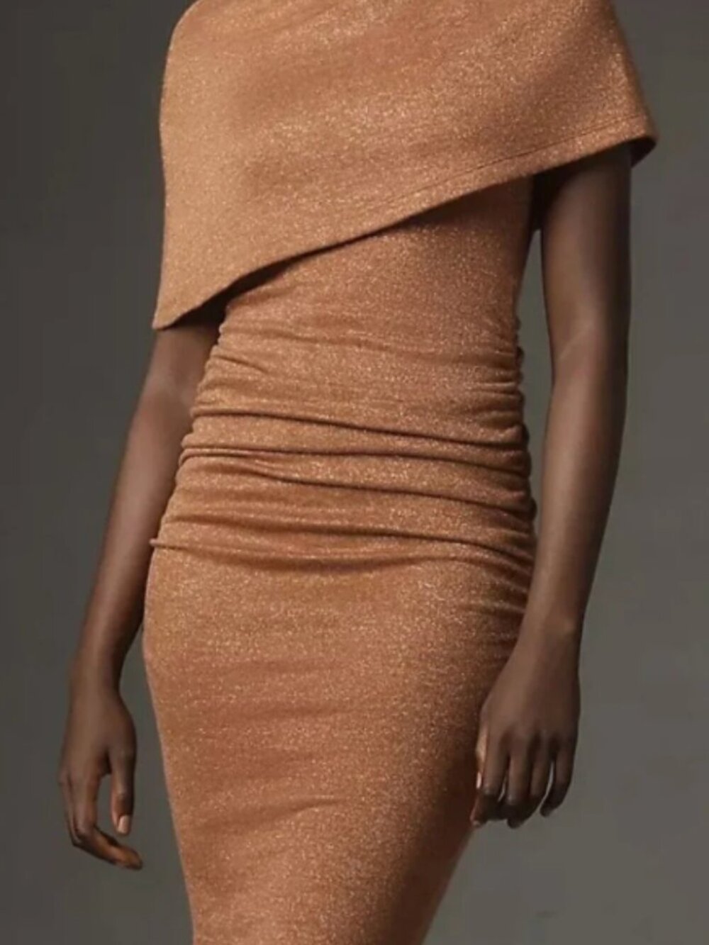 Black Halo Metallic Copper Ruched Midi Dress Cape Sleeve Mock Medium Women's - Picture 2 of 14